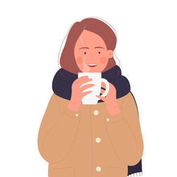 Girl drinking outside hot coffee. Winter warm drink, mug of hot tea vector illustration