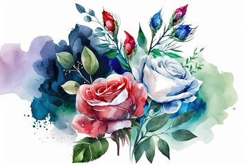 Fototapeta na wymiar Watercolor rose and eustoma bouquet, suitable for use as a greeting card, invitation, or background for a wedding, birthday, or other special occasion. Generative AI