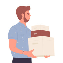 Man holds parcel boxes. Online shopping delivery, order shipping vector illustration