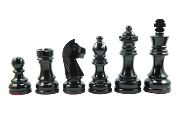 Black chess pieces made of wood in descending order  isolated on transparent background.