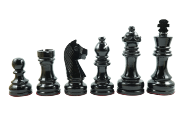 Black chess pieces made of wood in descending order  isolated on transparent background.