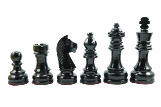 Black chess pieces made of wood in descending order  isolated on transparent background.