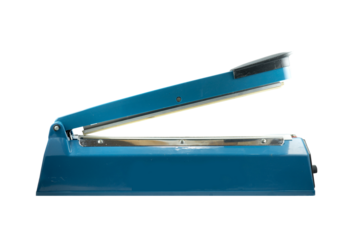 Close up hand impulse heat sealer plastic bag isolated on transparent background.