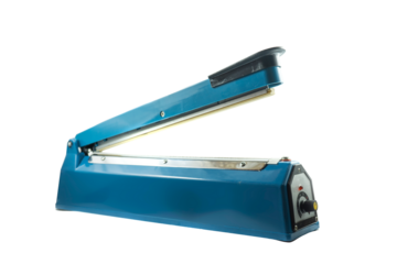 Close up hand impulse heat sealer plastic bag isolated on transparent background.