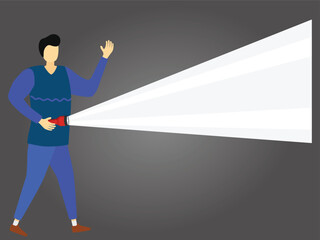 Obraz premium Extra-bright torch light and a person holding a torch light with switch and power on torch light, people with a flashlight. Goal Achievement Business Man Holding Huge Flashlight at night with bright