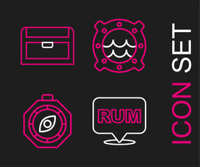 Set line Alcohol drink Rum, Compass, Ship porthole with seascape and Antique treasure chest icon. Vector