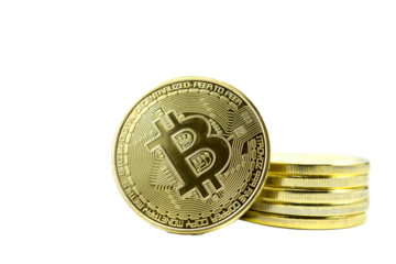 gold bitcoin coins isolated on transparent background.