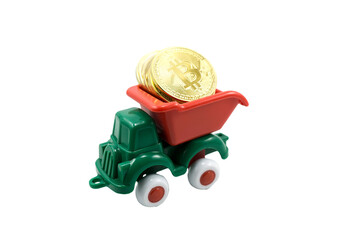 green paint plastic toy mining truck carrying bitcoin gold coins isolated on transparent background.