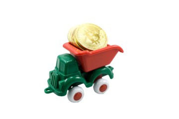green paint plastic toy mining truck carrying bitcoin gold coins isolated on transparent background.