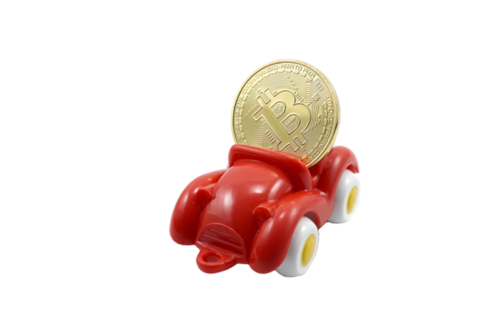red paint plastic toy car carrying bitcoin gold coins  isolated on transparent background.