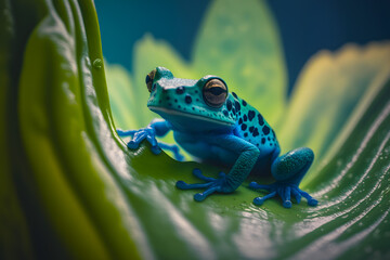 Blue frog on leaves in tropical jungle. Generative AI