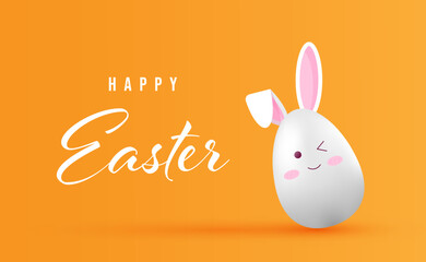 Happy easter greeting card with cute egg bunny design, 3d vector illustration