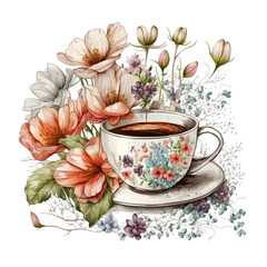 Obraz na płótnie Canvas Spring Floral Coffee Cup Illustration