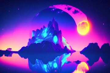 Fototapeta premium Futuristic fantasy night landscape with abstract landscape and island, moonlight, moon, neon. Dark natural scene with light reflection in water. Neon space galaxy portal - generative ai