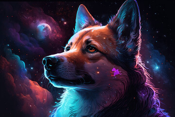 Fototapeta premium Dog on Space Nebula Wallpaper