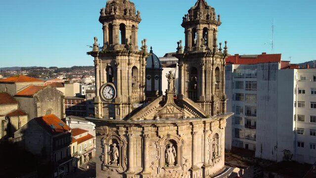 Aerial view of The Peregrina Church in Pontevedra, Galicia, Spain. High quality 4k footage