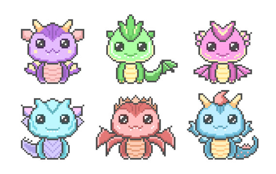 Cute pixel dragons set. Kawaii colorful funny dinosaurs with fantasy 8bit graphics and fabulous horns with wings. Legendary smiling little vector monsters