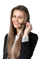 smiling young woman wearing a headset