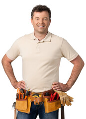 Smiling handsome plumber man. Isolated white background.
