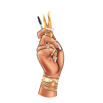 hand holding makeup tools, gold jewelry clip art preview