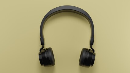 Modern black headphones isolated on yellow surface. Minimal concept. 3D render