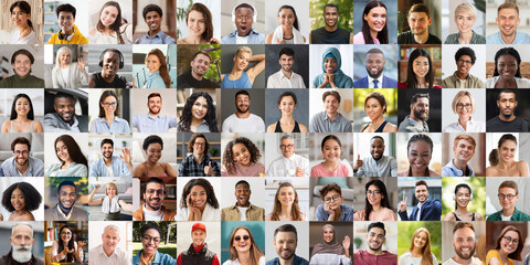 Positive multicultural people enjoying life, smiling at camera, creative collage