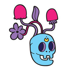 Trippy smiling skull with flowers and mushrooms growing out of his head, psychedelic isolated vector illustration
