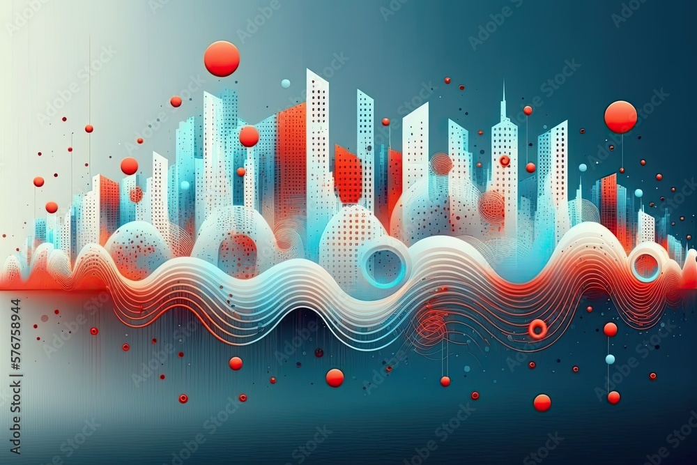 Wall mural The aesthetic and the smart city are linked by an abstract dot point and a gradient line. Complicated wave line layout, representing the concept of a network for large amounts of data. Generative AI