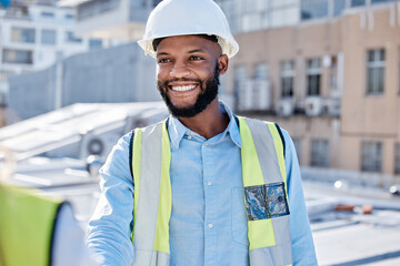 Construction worker, team and black man for b2b collaboration, project management update and...