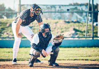 Sports, umpire and baseball with man on field for fitness, training and competition match. Strike,...