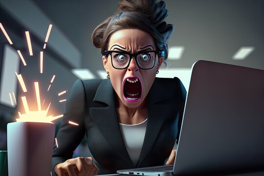 funny picture of a beautiful Business woman in glasses angry because the computer doesn't work, very stressed, computer laptop, 3d cartoon style, Generative Ai