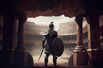 A Cinematic Perspective: An Antique Gladiator Readying for Battle at the Amphitheatre of Ancient Rome. Generative AI - obrazy, fototapety, plakaty