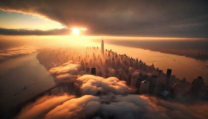 Sunrise sun peaking from clouds above New York City downtown Manhattan buildings sticking out above fog clouds in NYC. Aerial view. Generative ai illustration. - 576761301