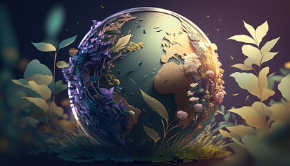 Fototapeta na wymiar earth, globe, planet, purple, nature, growth, background, wallpaper created with generative ai technology