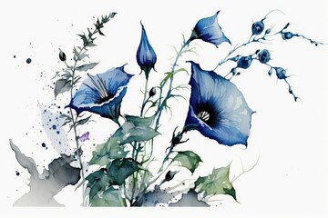 Painting of blue flowers done in watercolor and ink. Flowers of bindweed against a white background. Sumi e, u sin, and go hua are three types of traditional oriental art. Generative AI
