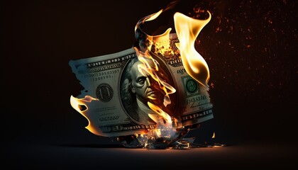 dollar on fire, money, inflation, background created with generative ai technology