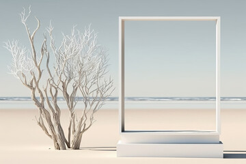 Product display podium on a tropical sand beach with driftwood branch. Generative ai