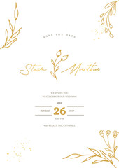 Obraz na płótnie Canvas Minimalist wedding invitation template with gold hand drawn floral
