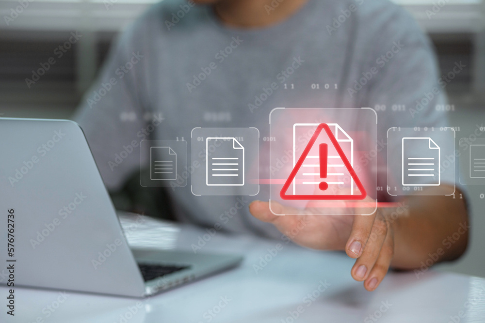 Leinwandbilder businessman using laptop with data information privacy and document management hacking and spam warn