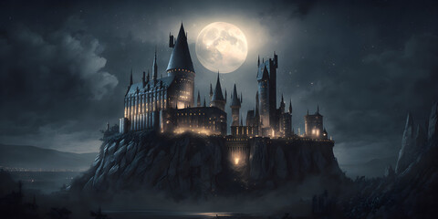 Hogwarts castle lit by moonlight. Generative AI illustration - obrazy, fototapety, plakaty