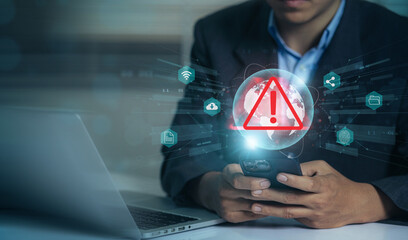 Businessman using smartphone with data information privacy and internet connection hacking and spam...
