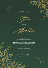 Fototapeta na wymiar Minimalist wedding invitation template with gold hand drawn floral