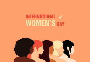 Fototapeta na wymiar Side view of five women of different nationalities standing together. International Women's Day. The concept of women's friendship and the movement for women's rights. Flat vector illustration