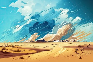 Sandstorm, dunes, and sands in a fantastic desert setting. Barren desert, dramatic clouds mixed with sand, and the impending approach of doom. Generative AI