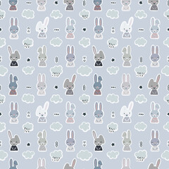 seamless pattern with bunnies and clouds