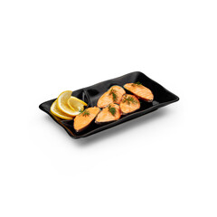 Fototapeta na wymiar Baked mussels spicy on a black plate with sliced lemon on a white background isolated