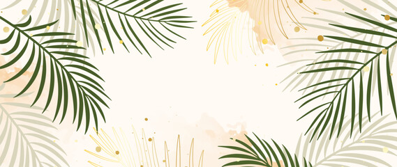Luxury tropical art vector background. Botanical tropical design with golden line, spots, palm leaves, watercolor. Luxury tropical jungle illustration for banner, poster, web and wallpaper.
