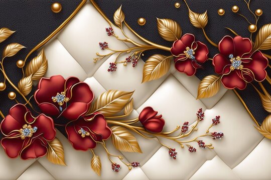 3d wallpaper of red jewelry flowers with golden branches on leather background