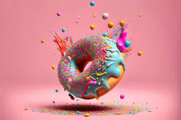 flying pink donut decorated with colorful sprinkles. Generative Ai - obrazy, fototapety, plakaty