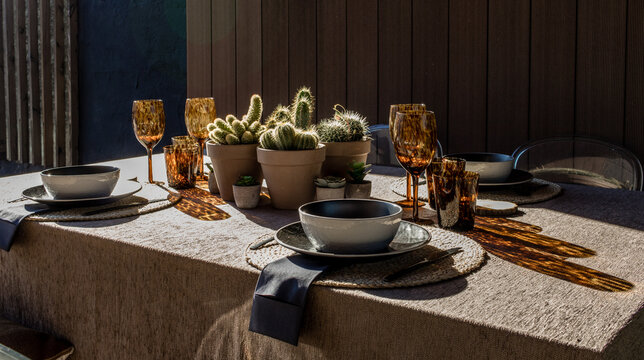 Mesa preparada para comer en jardin exterior con copas y cactus. 
